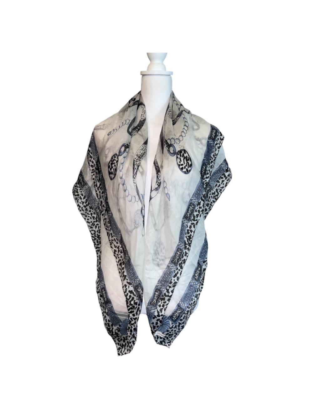 VTG 100% Silk Scarf White Black Chain Leopard Print